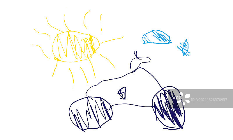 儿童手绘汽车太阳云彩图片素材