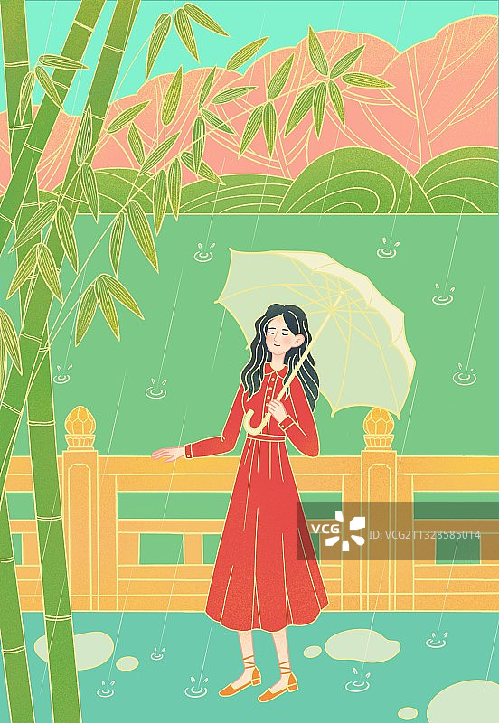 雨水，惊蛰，立春,线条风,国潮风,谷雨,春天,竹子,下雨，伞图片素材