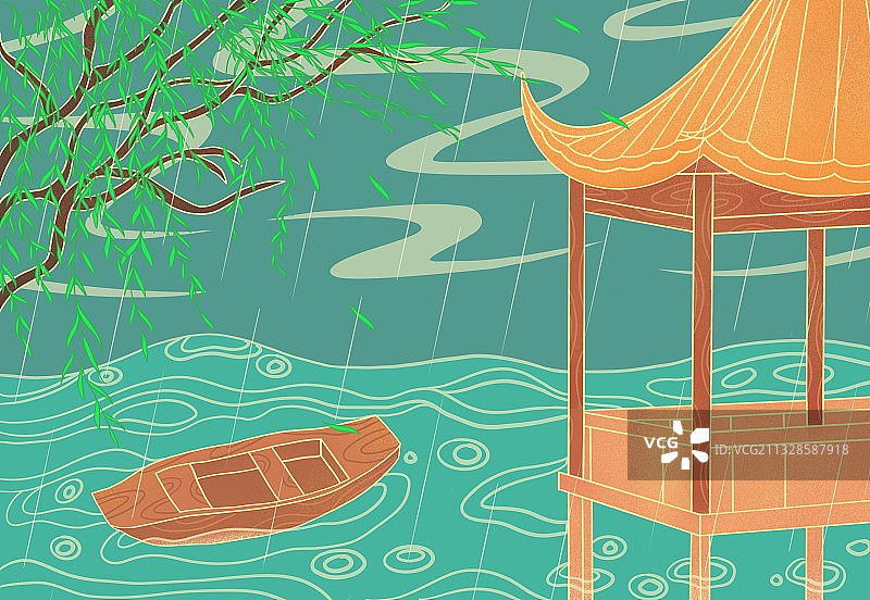 雨水,惊蛰,春分,线条风,国潮风,春天,谷雨,下雨,柳树,图片素材