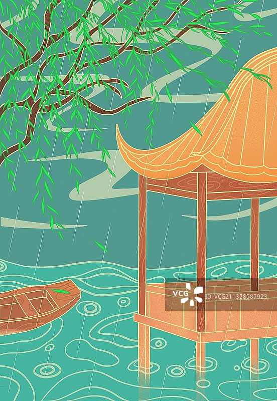 雨水,惊蛰,春分,线条风,国潮风,春天,谷雨,下雨,柳树,图片素材