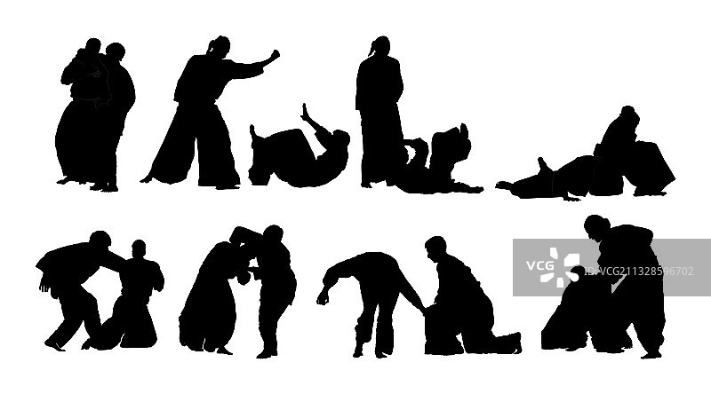 两位合气道格斗者剪影图片素材