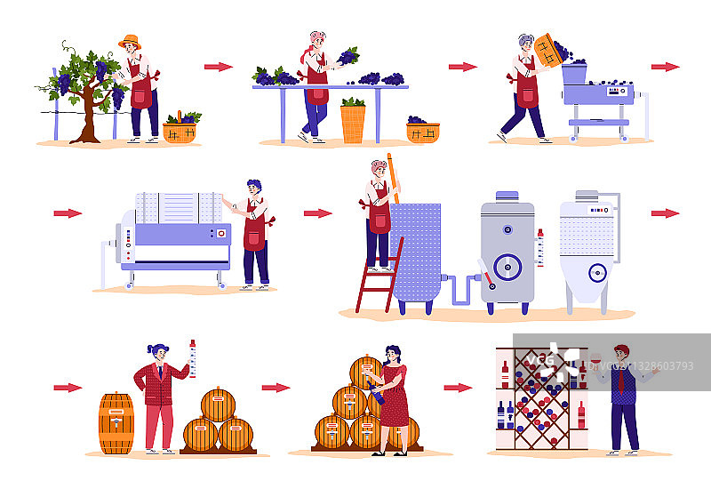 酿酒师忙于生产葡萄酒扁平风格套装图片素材