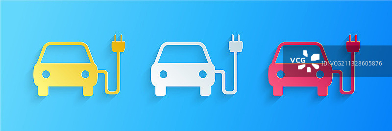 剪纸电动汽车和电缆插头图片素材