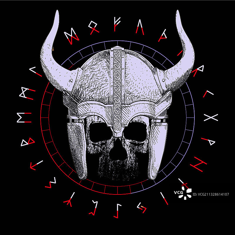 黑色背景中带角的维京头骨图片素材