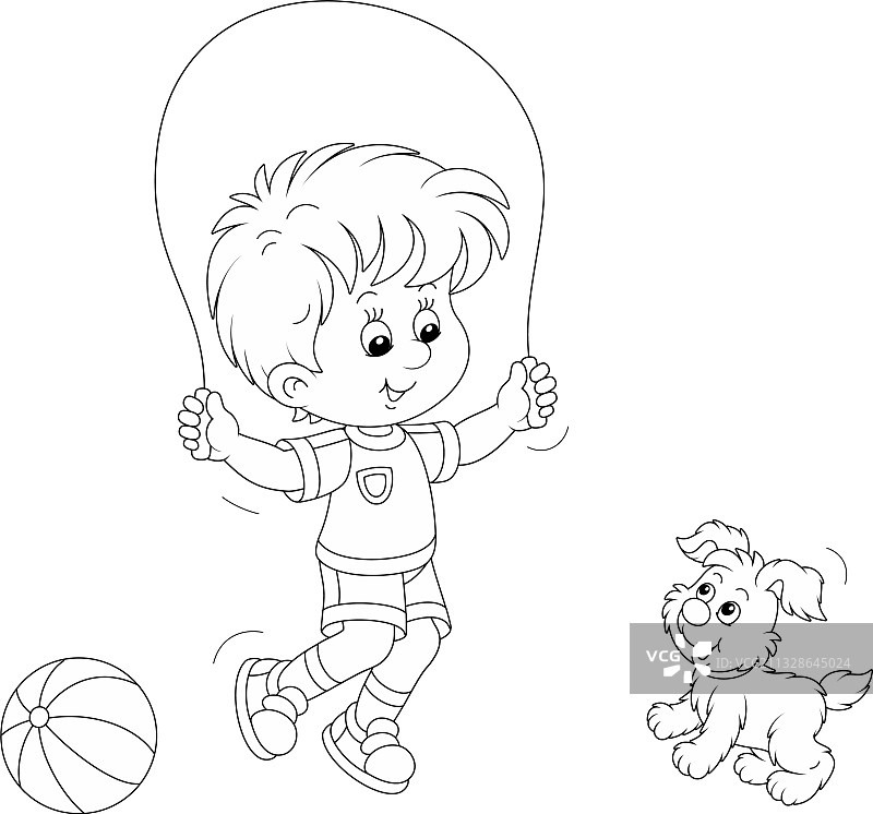 小男孩和小狗一起跳绳图片素材