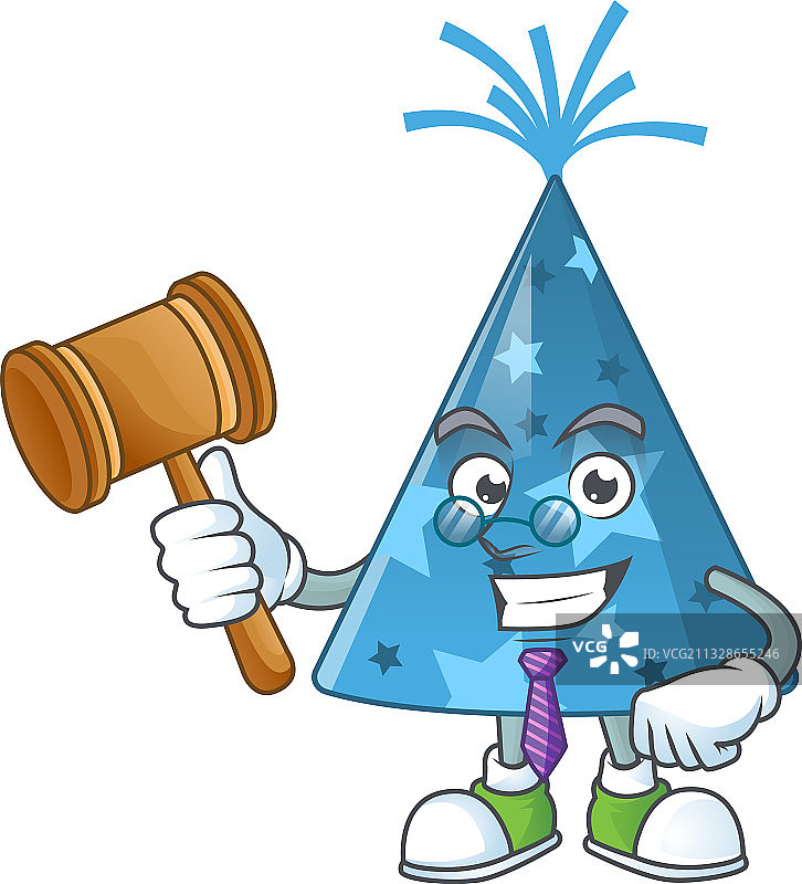 戴蓝色派对帽的睿智法官卡通吉祥物设计图片素材
