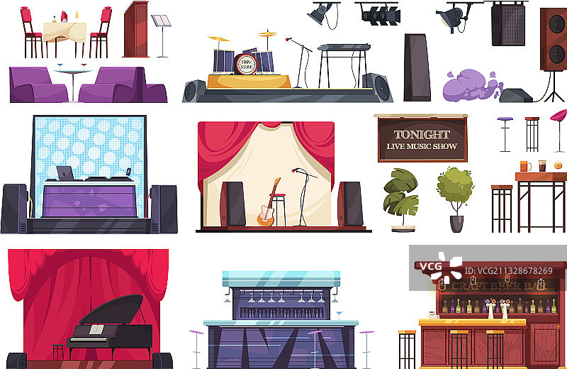 酒吧现场音乐内饰图标集图片素材