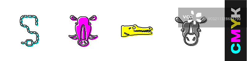 蠕虫、野猪、鳄鱼和犀牛套装图片素材