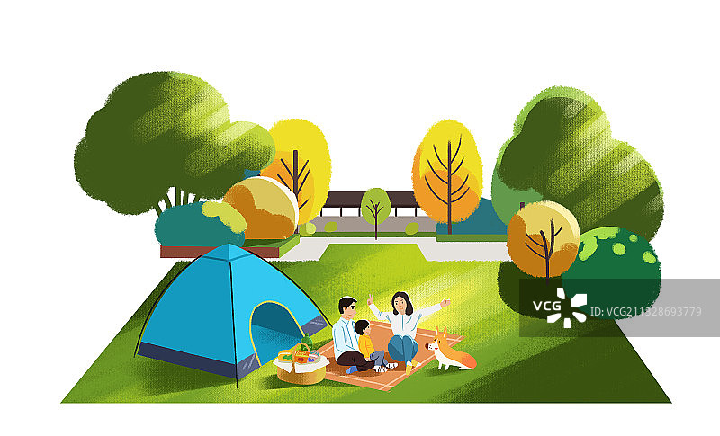 户外郊游全家野外游玩踏青休息插画图片素材
