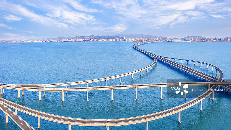 山东省青岛市胶州湾跨海大桥红岛枢纽立交航拍全景图图片素材