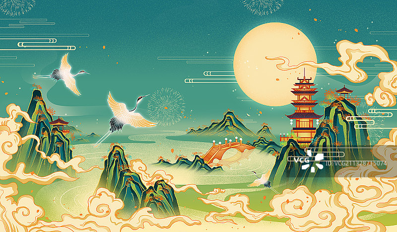 国潮建筑山水风景插画图片素材