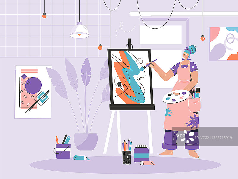 女画家在画架上在画布上绘画图片素材