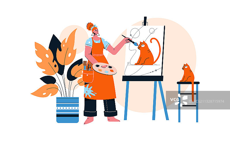 女艺术家正在画她的红猫肖像图片素材