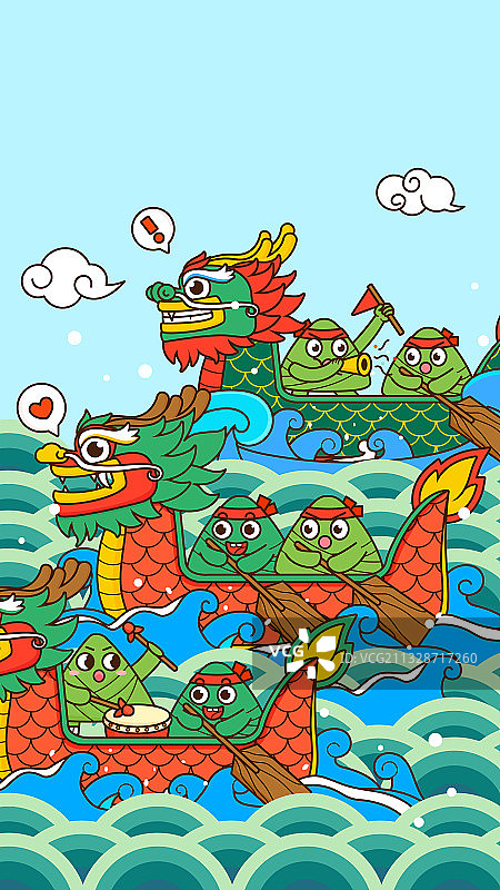 端午节卡通Q版粽子赛龙舟矢量插画海报竖图背景图片素材