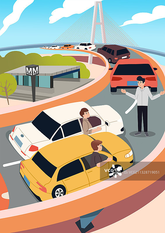 上班族大桥堵车立交桥上车流插画图片素材