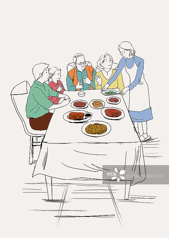 家庭团聚晚上聚餐亲情互动吃饭插画图片素材