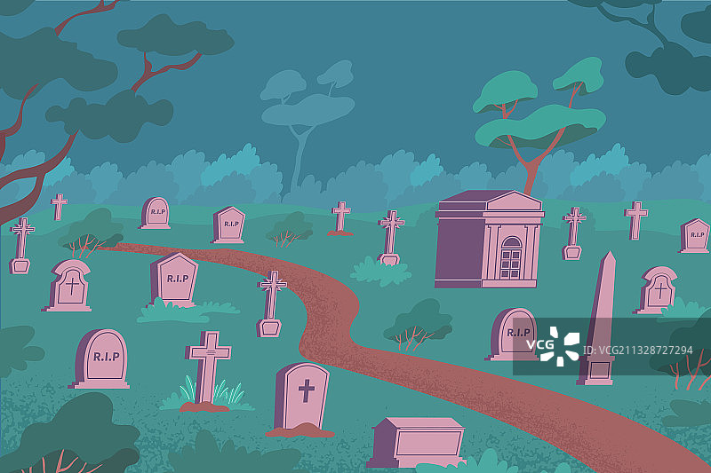 墓地之夜扁平化场景图片素材