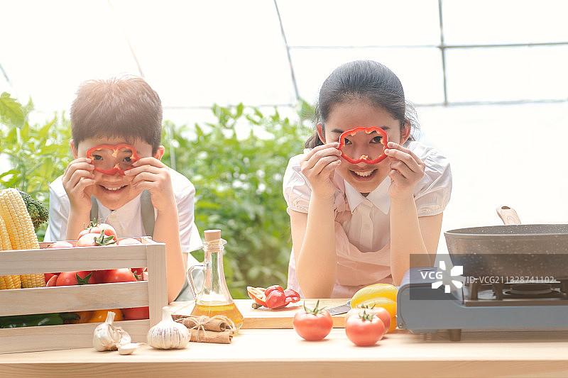 两个学龄儿童在有机农场里做饭图片素材