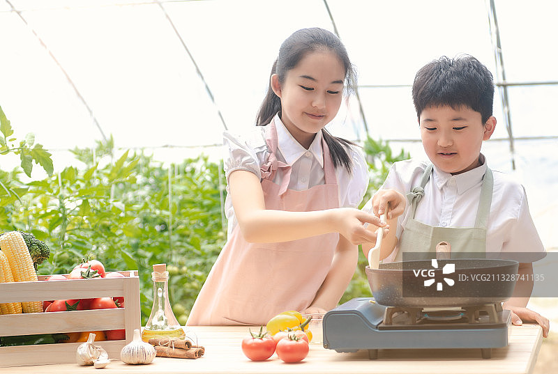 两个学龄儿童在有机农场里做饭图片素材