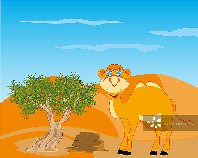 沙丘阳光和树旁的骆驼图片素材