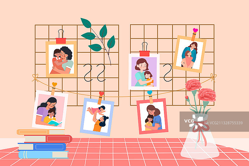 母女在一起的瞬间照片墙矢量插画图片素材