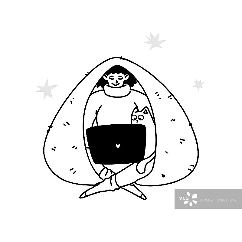 手绘黑白年轻女子图片素材