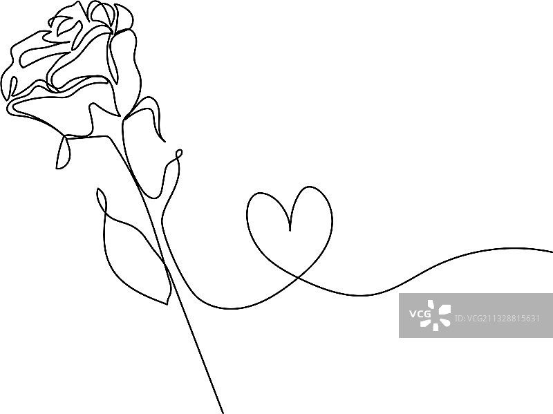 玫瑰花和心形连续线条画图片素材