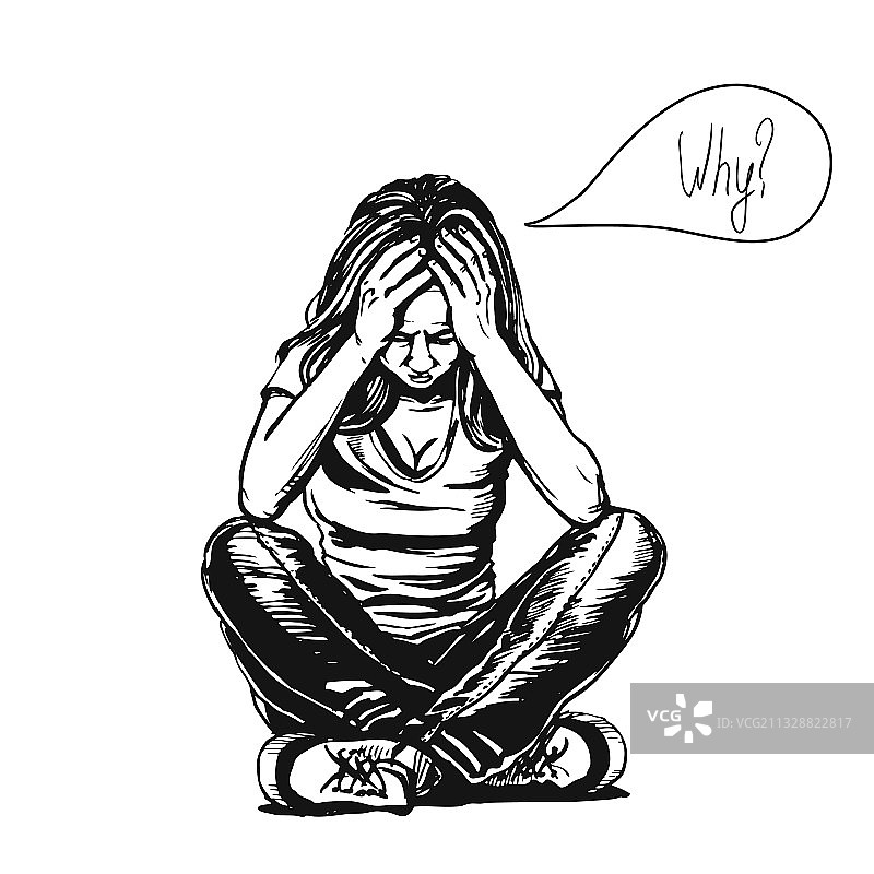 悲伤沮丧的女孩坐在地上图片素材