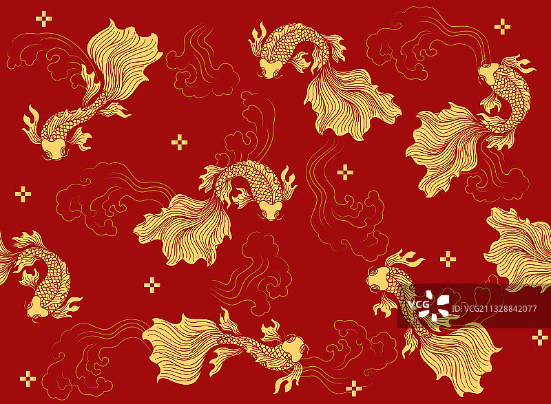 无缝的中国风锦鲤红色底纹图案图片素材