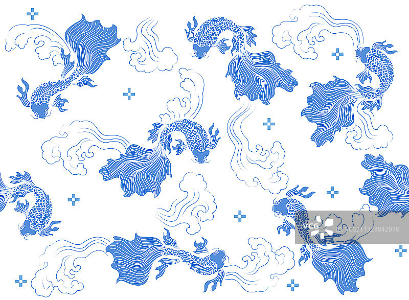 无缝的中国风锦鲤蓝色背景底纹图案图片素材