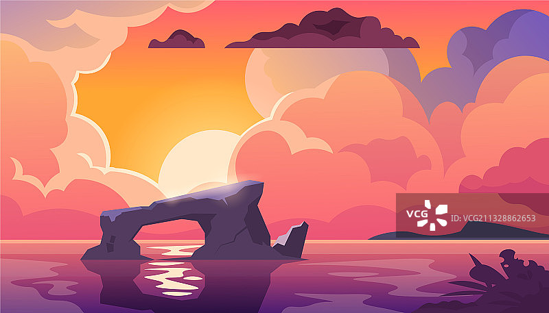 傍晚日落海洋卡通风景图片素材