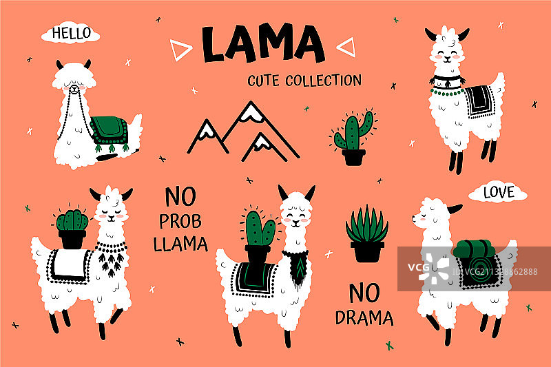 卡通美洲驼和仙人掌剪贴画图片素材