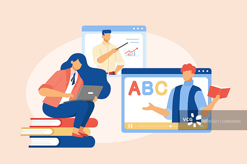 透过电脑观看视频进行线上教育的女学生图片素材