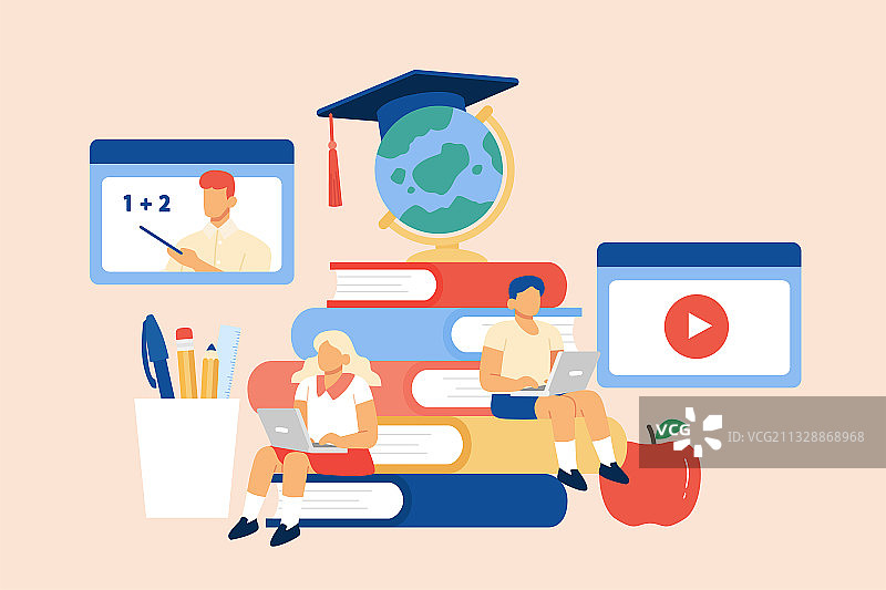 透过电脑观看视频进行线上教育的学生们图片素材