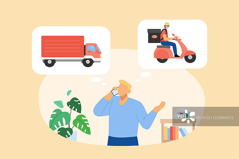 疫情间男士在家电话询问货运与外卖配送进度图片素材