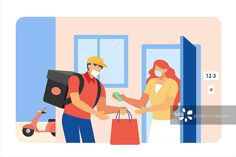 疫情间在家门前戴着口罩取餐的客户与外卖员图片素材