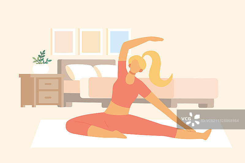 年轻女人在卧室做瑜伽拉伸运动图片素材