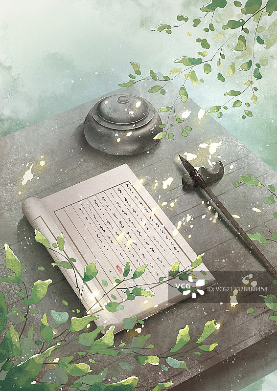意境插画桌子上的毛笔和古书籍图片素材