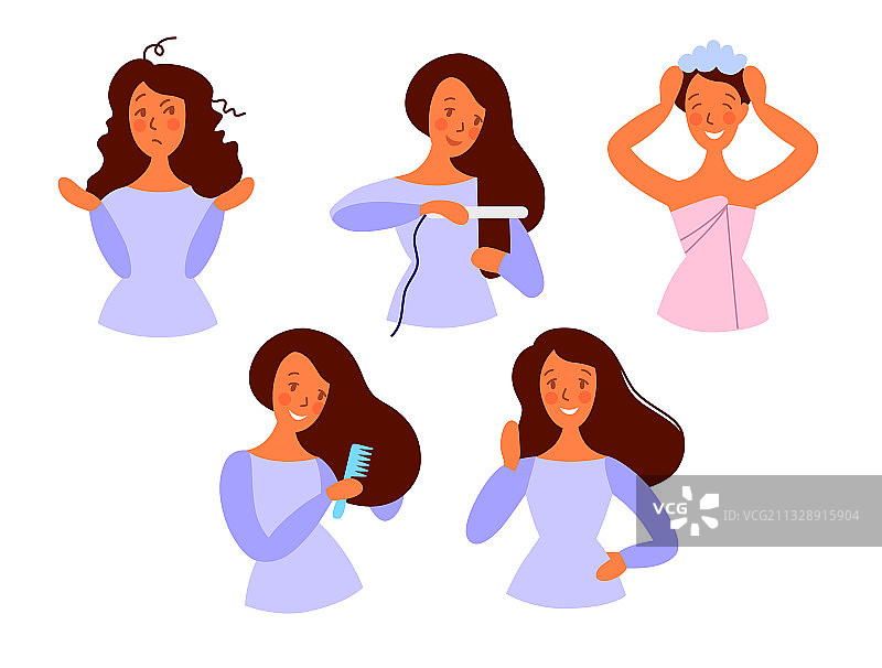 可爱女孩洗发梳理图片素材