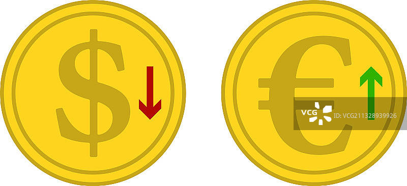美元下跌，欧元硬币增长图标图片素材