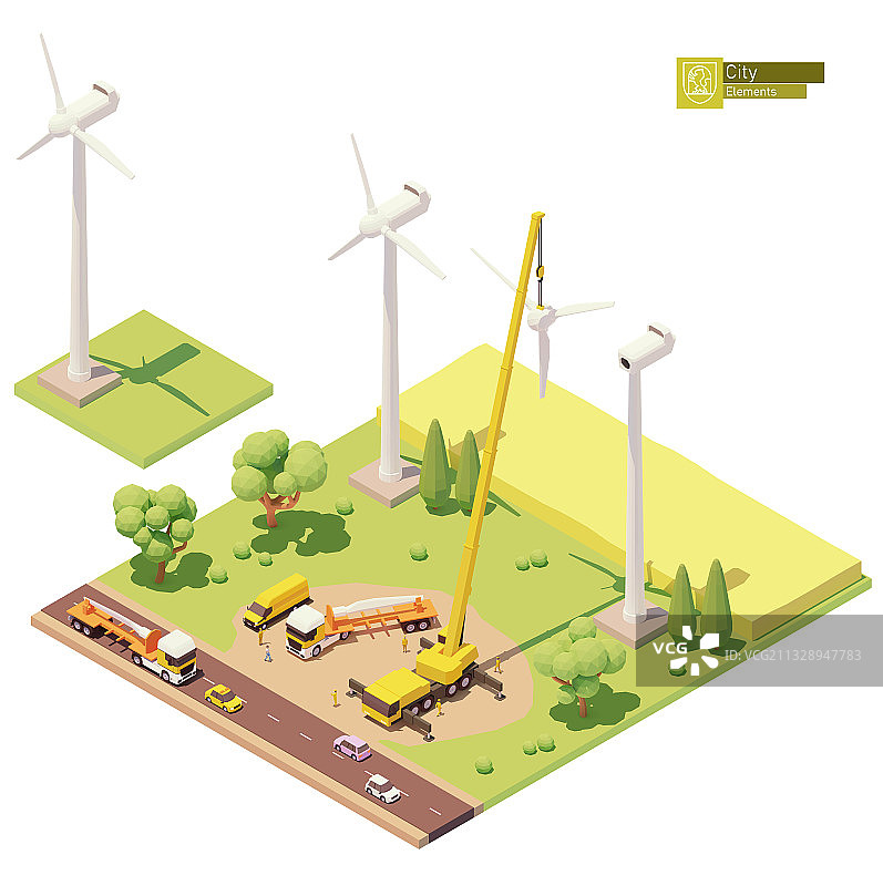 低多边形风力涡轮机农场建设图片素材