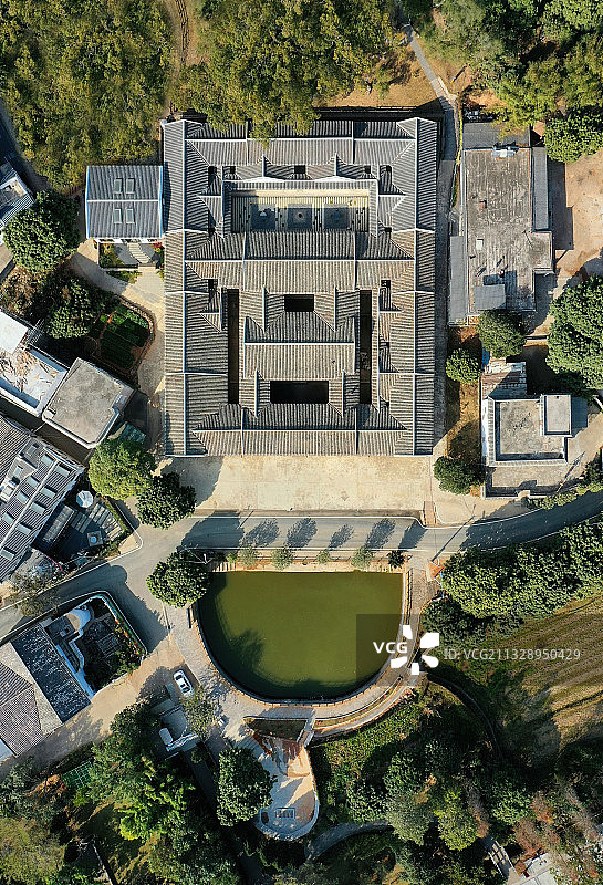 广东省惠州市惠阳区秋长周田村叶挺将军纪念园会水楼航拍图片素材