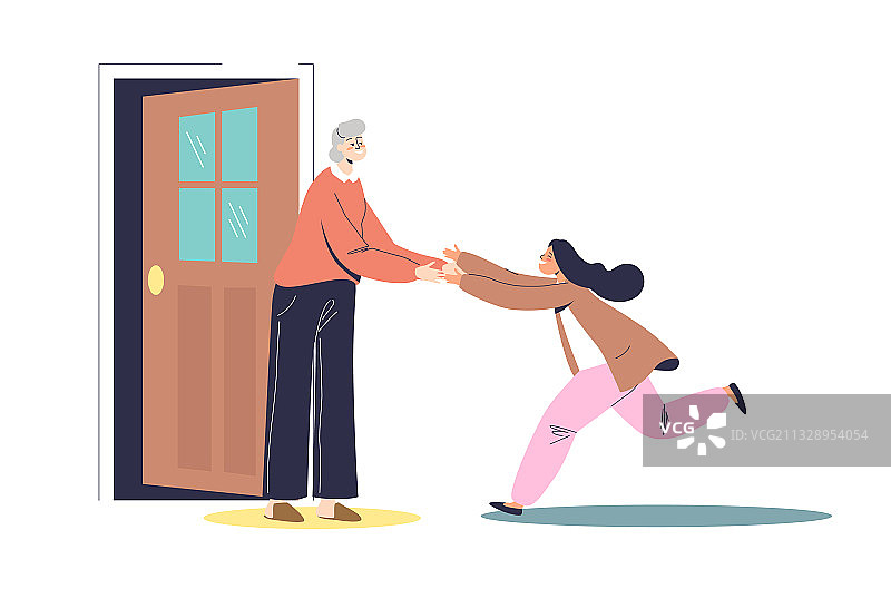 奔向祖母的快乐小女孩图片素材