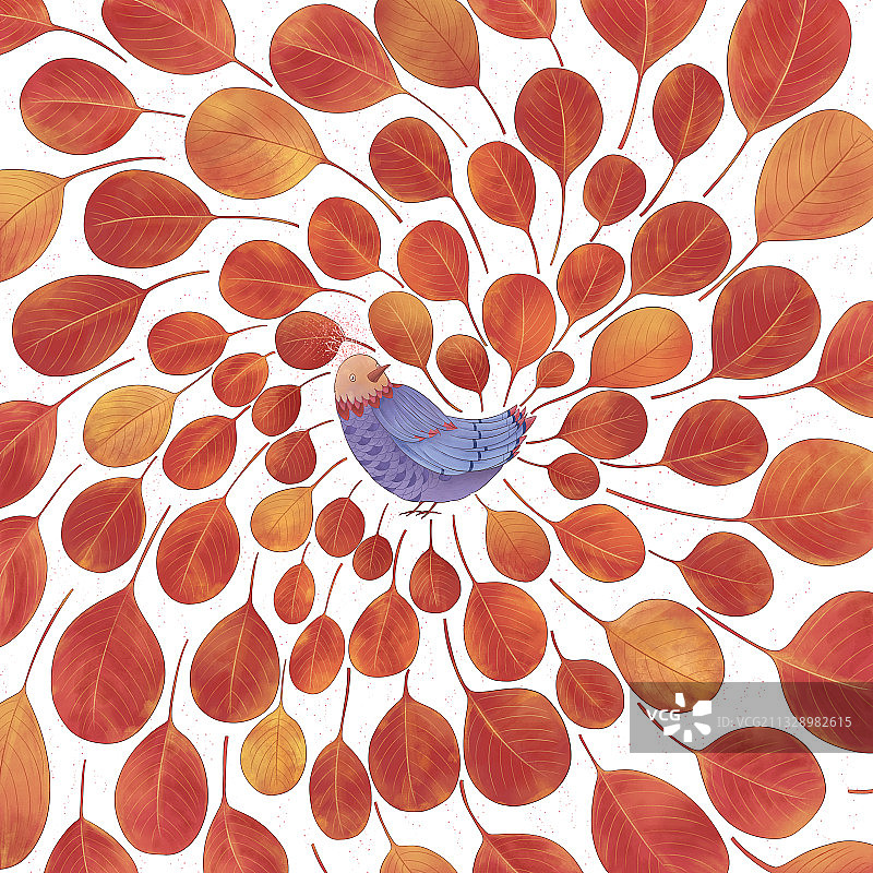 红色树叶和鸟插画图片素材