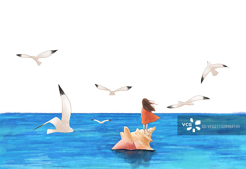 蓝色的海和女孩插画图片素材