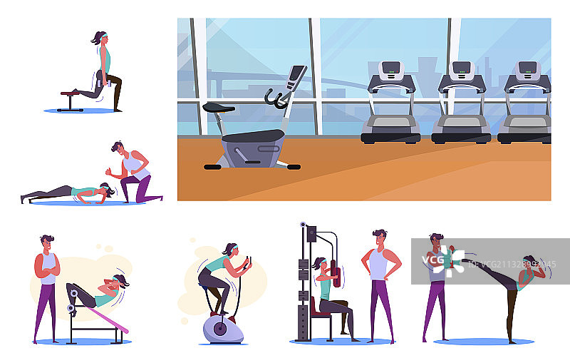 在健身房训练的运动员套装图片素材