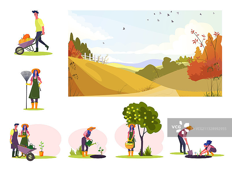 在果园工作的年轻夫妇套装图片素材