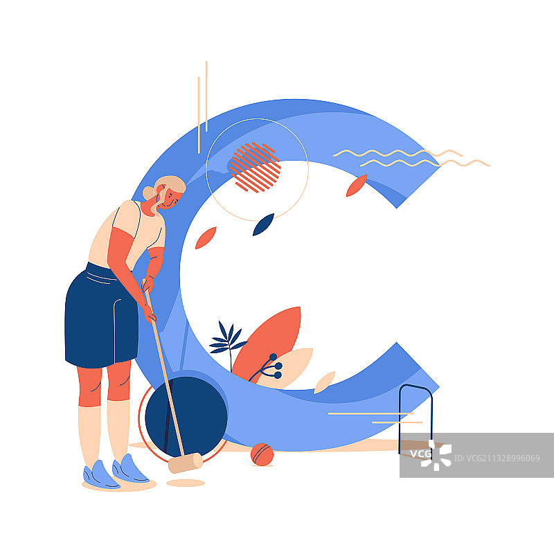 年轻女子用槌球槌和球训练图片素材