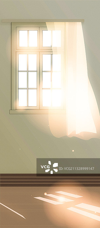 原创窗户纱窗白色窗帘唯美安静透光照射阳光室内宁静房间矢量插画图片素材