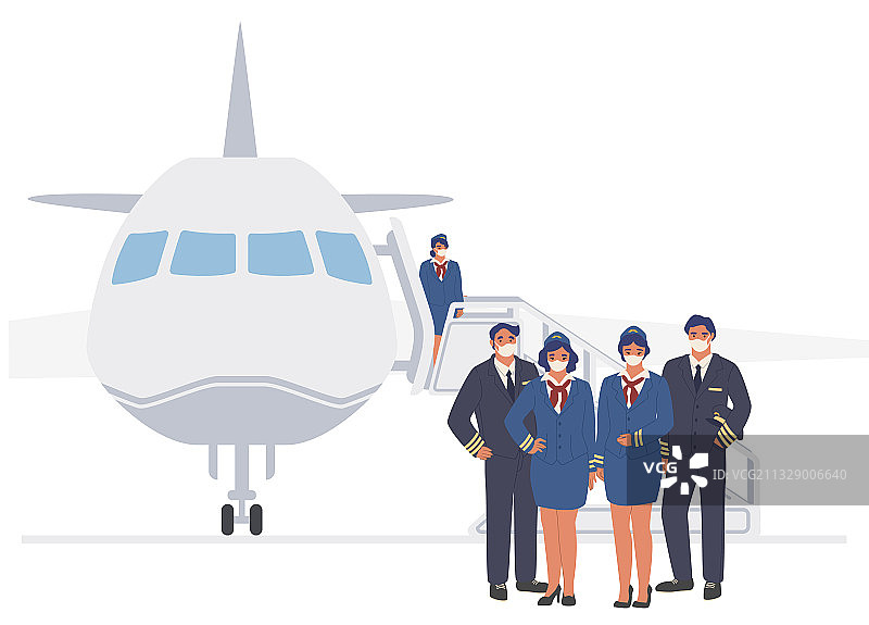 戴口罩的航空公司机组人员：飞行员和空姐图片素材